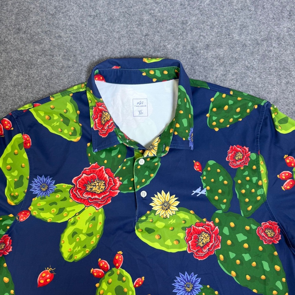 Two Dove Outdoor Mens Cactus Print Polo Shirt Navy Blue Floral XL Stretch Golf - Picture 3 of 9